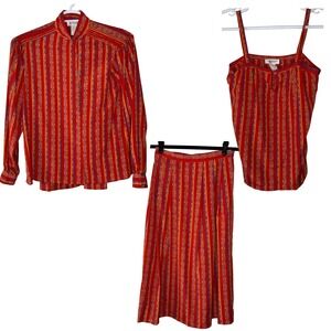 VTG Jack Mulqueen Silksational Blouse Shirt Tank Top‎ Skirt Set Women Medium Red